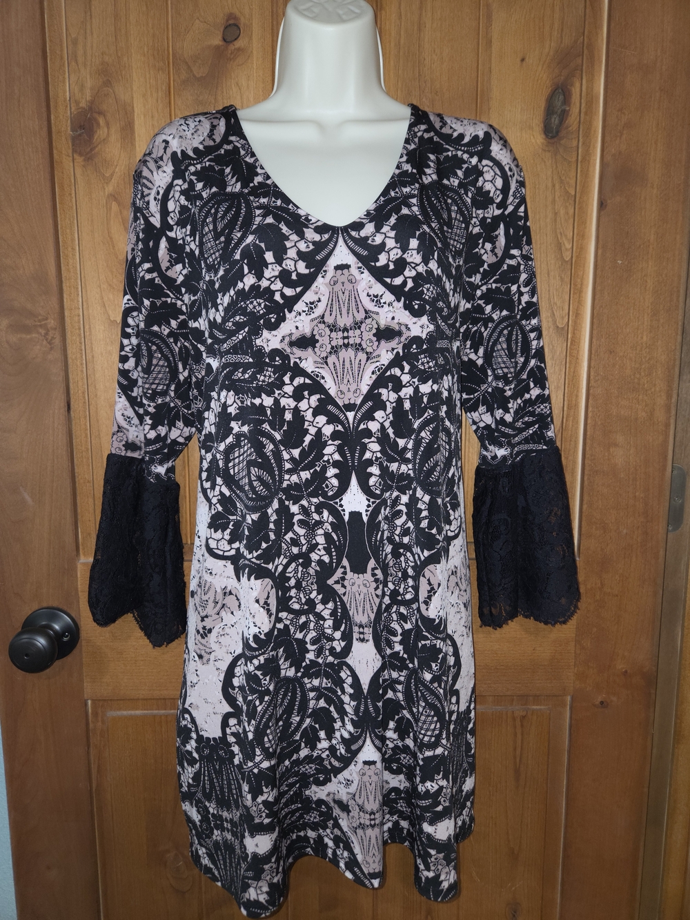 Alfani Black and Pale Pink Patterned V-Neck‎ Dress with Lace Bell Sleeves